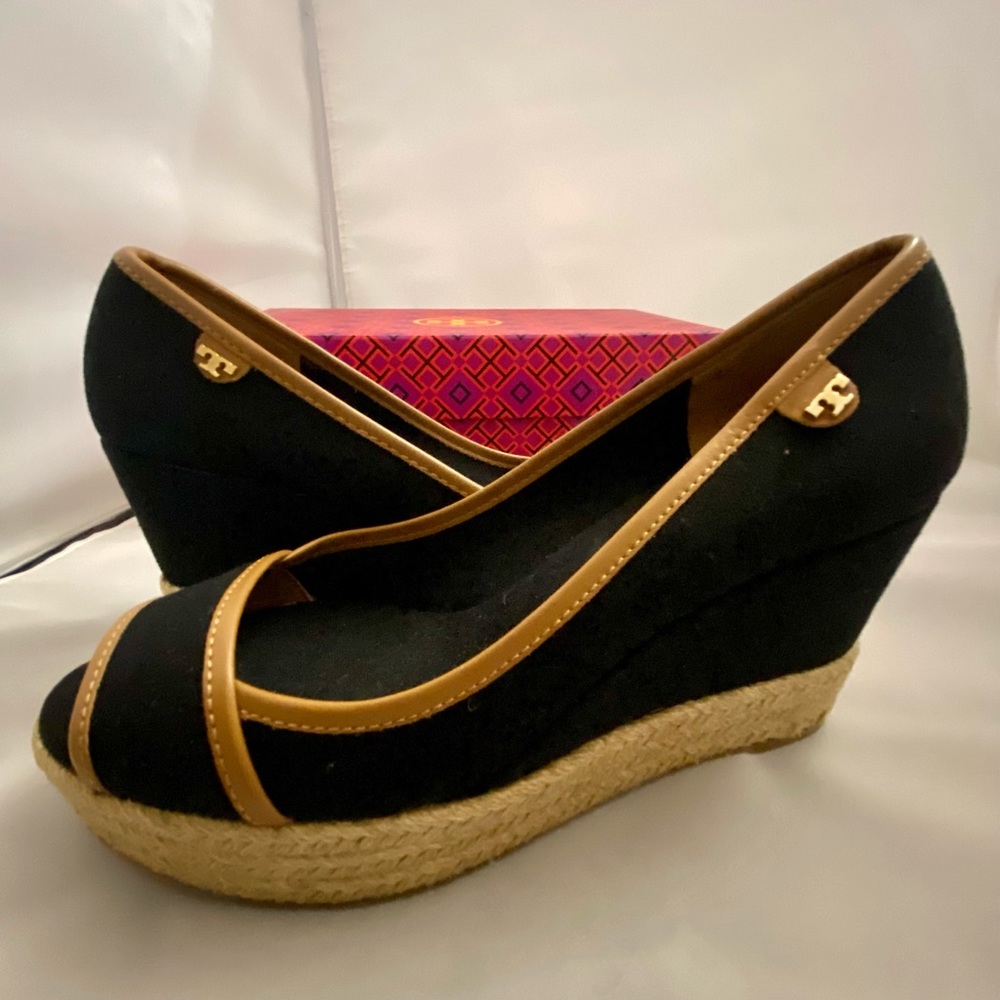 Tory Burch Canvas Peep Toe Espadrilles Wedges